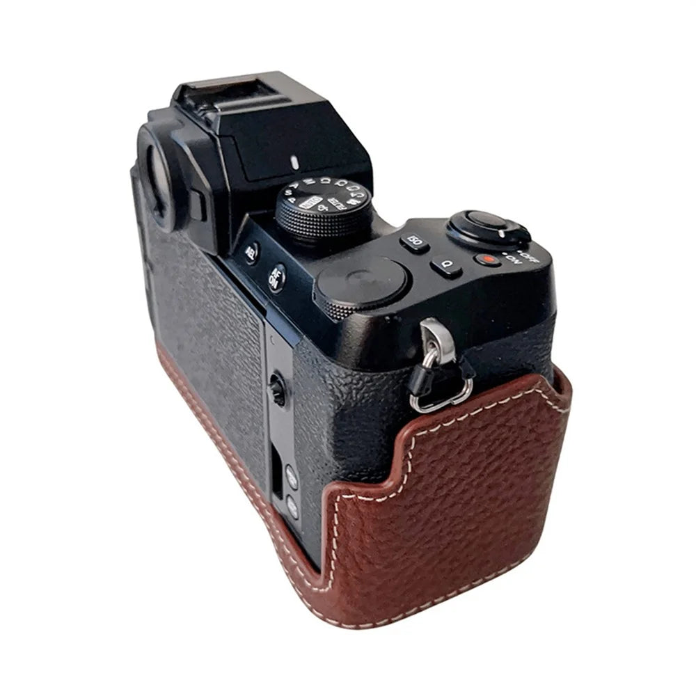 Genuine Leather Half Cover Case for Fujifilm X-S10 Camera, Anti-scratch Protective Cover with Battery Opening - Coffee - 4