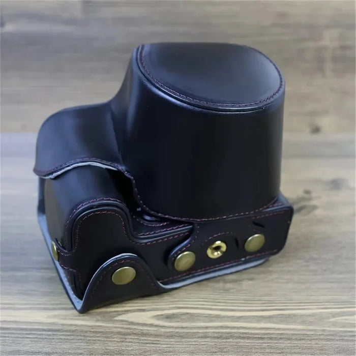 PU Leather Camera Case Bag for Canon EOS R10, Battery Opening Design Protective Cover with Lens Pouch and Strap - Black - 3