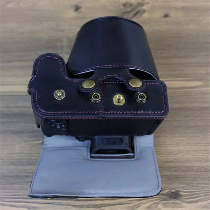PU Leather Camera Case Bag for Canon EOS R10, Battery Opening Design Protective Cover with Lens Pouch and Strap - Black - 4