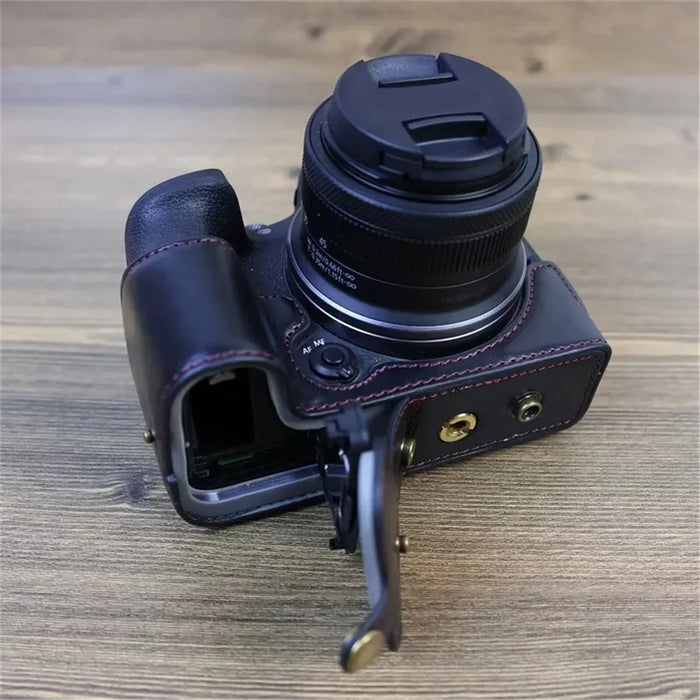 PU Leather Camera Case Bag for Canon EOS R10, Battery Opening Design Protective Cover with Lens Pouch and Strap - Black - 6