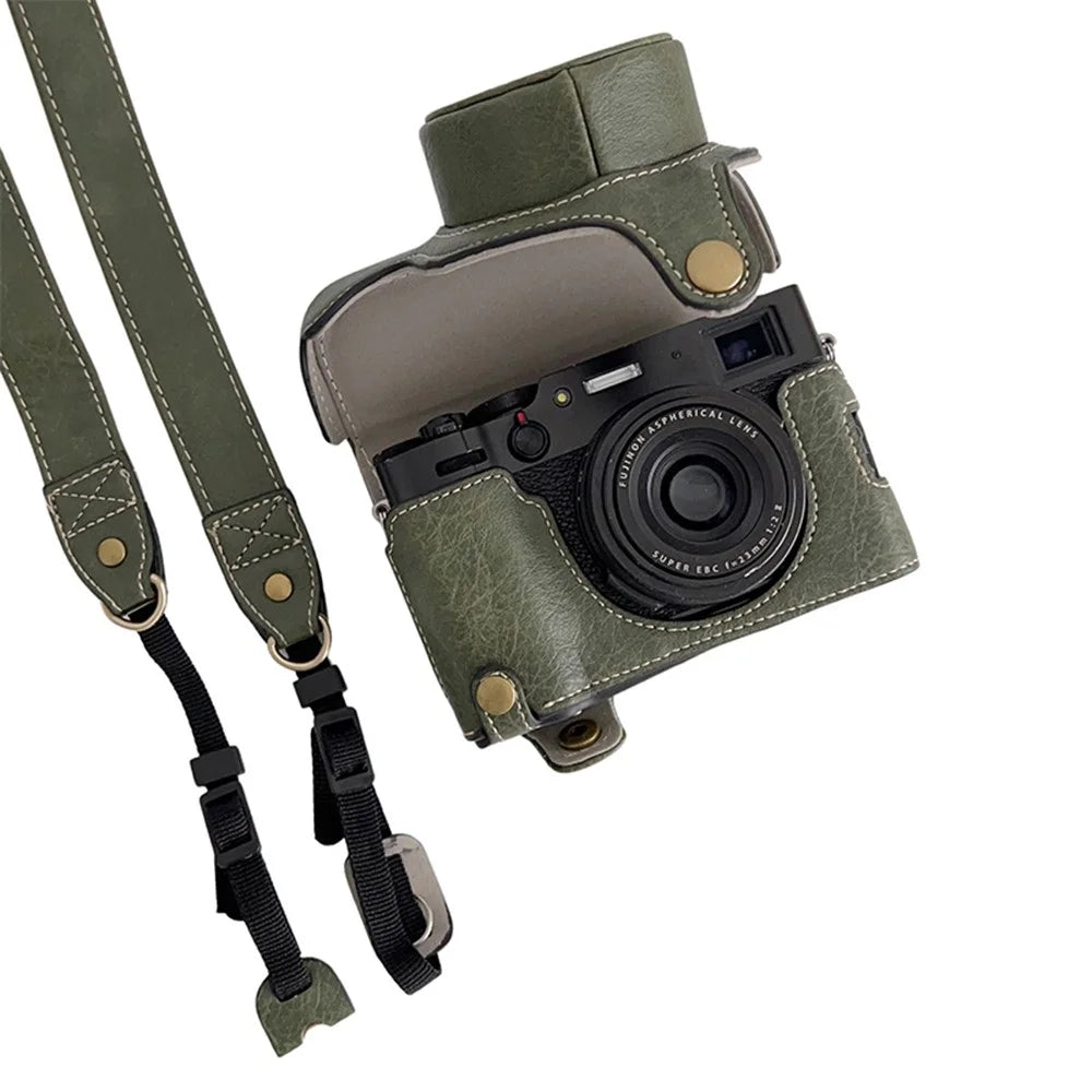For FUJIFILM X100V / X100F Textured PU Leather Protective Cover Detachable Camera Case Bag with Battery Opening Design and Shoulder Strap - Green - 4