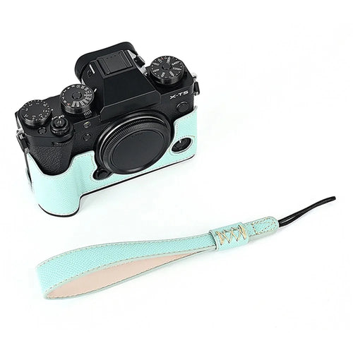 For Fujifilm X-T5 Camera PU Leather Protective Case Battery Opening Design Half Body Cover with Hand Strap - Baby Blue - 1