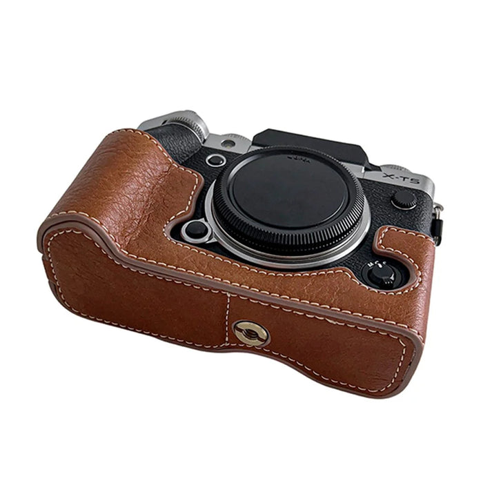 For Fujifilm X-T5 Buffalo Texture PU Leather Camera Bottom Case Flannel Lining Half Body Protective Cover with Battery Opening - Brown - 3