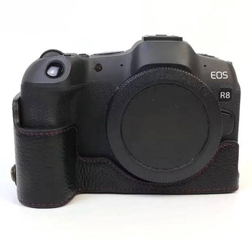 For Canon EOS R8 Genuine Cow Leather Camera Bottom Case Half Body Cover with Battery Opening - Black - 1
