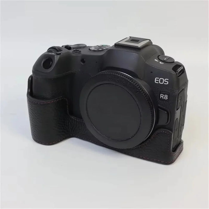 For Canon EOS R8 Genuine Cow Leather Camera Bottom Case Half Body Cover with Battery Opening - Black - 2