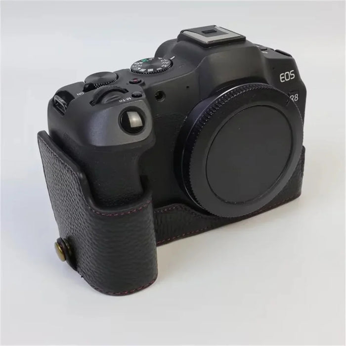 For Canon EOS R8 Genuine Cow Leather Camera Bottom Case Half Body Cover with Battery Opening - Black - 3