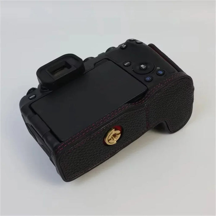For Canon EOS R8 Genuine Cow Leather Camera Bottom Case Half Body Cover with Battery Opening - Black - 7
