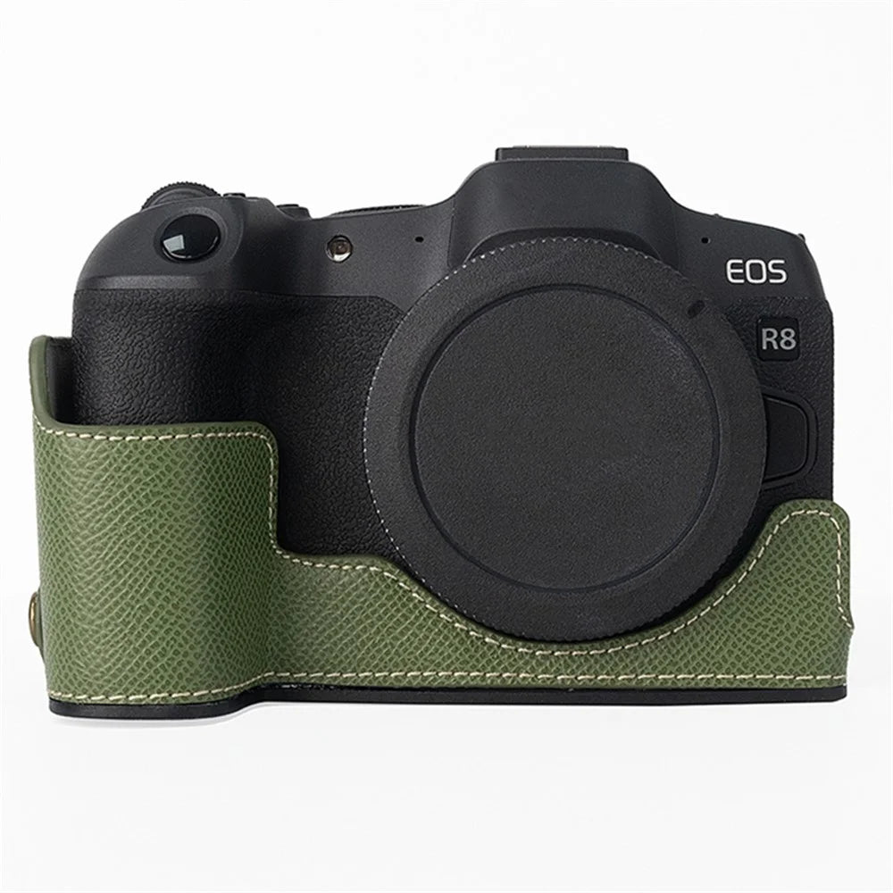 For Canon EOS R8 PU Leather Camera Base Battery Opening Design Detachable Protective Cover with Shoulder Strap - Green - 1