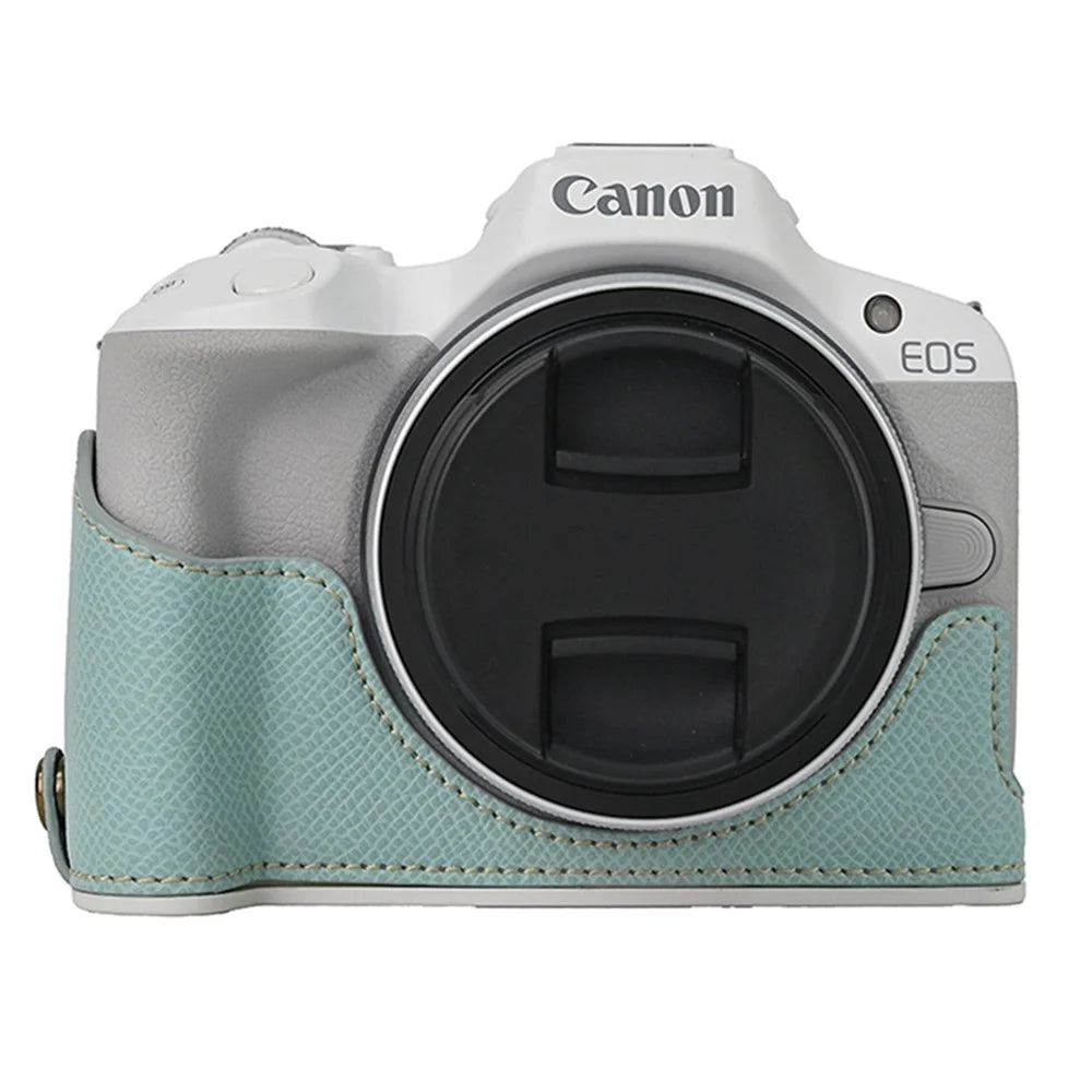 For Canon EOS R50 / R100 Anti-Shock PU Leather Camera Bottom Cover Large Opening Design Half Body Case with Strap - Baby Blue - 2