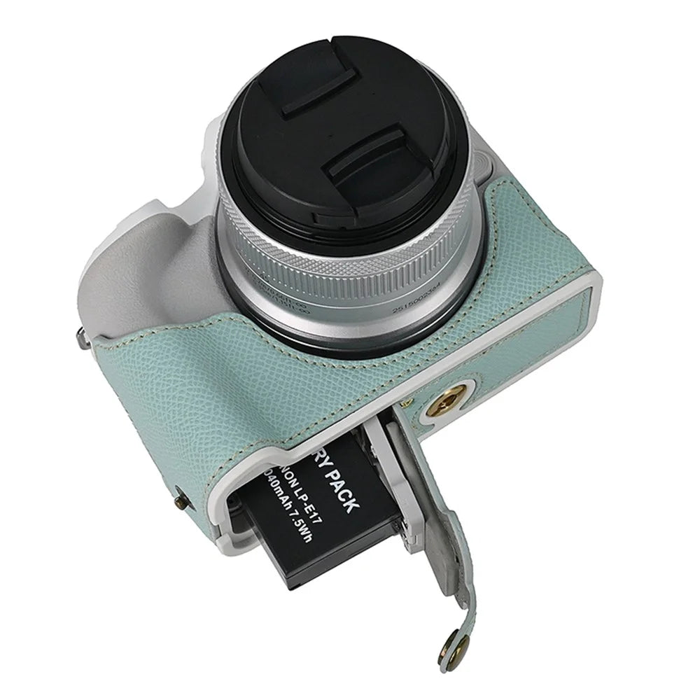 For Canon EOS R50 / R100 Anti-Shock PU Leather Camera Bottom Cover Large Opening Design Half Body Case with Strap - Baby Blue - 4