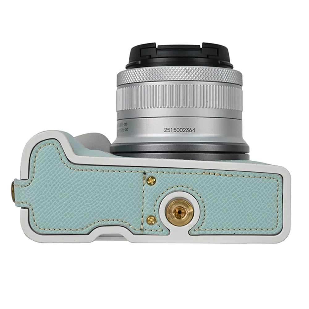 For Canon EOS R50 / R100 Anti-Shock PU Leather Camera Bottom Cover Large Opening Design Half Body Case with Strap - Baby Blue - 5