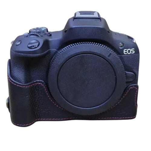 For Canon EOS R50 / R100 Anti-scratch Genuine Leather Camera Bottom Cover Large Opening Design Half Body Case - Black - 1