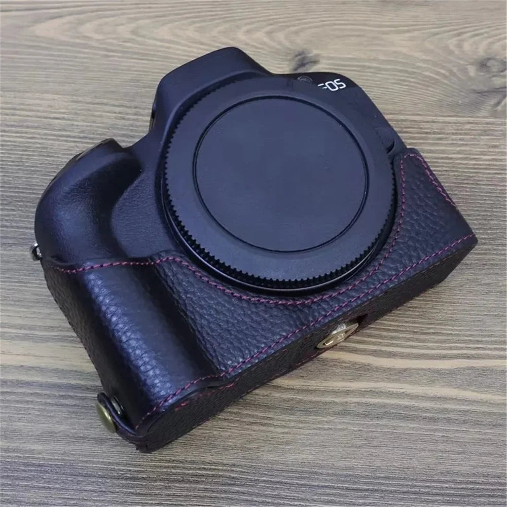 For Canon EOS R50 / R100 Anti-scratch Genuine Leather Camera Bottom Cover Large Opening Design Half Body Case - Black - 2
