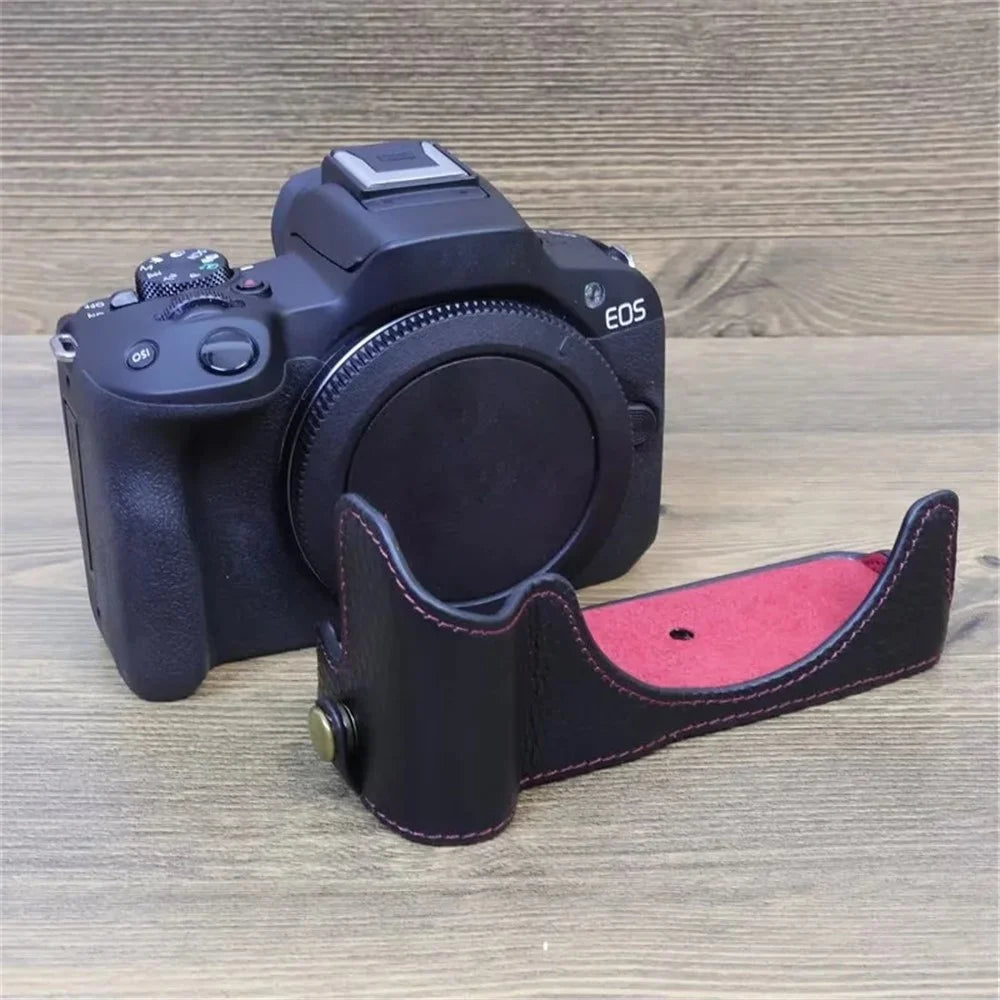 For Canon EOS R50 / R100 Anti-scratch Genuine Leather Camera Bottom Cover Large Opening Design Half Body Case - Black - 5