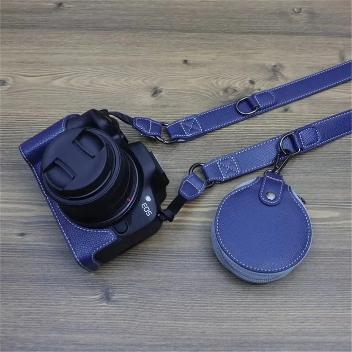 For Canon EOS R50 / R100 Camera Case Battery Opening Design Palm Texture Leather Bag with Strap and Small Bag - Dark Blue - 7