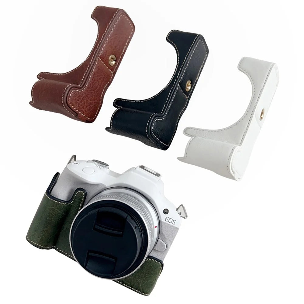 For Canon EOS R50 / R100 Buffalo Texture PU Leather Bottom Case Half Body Camera Cover with Battery Opening - Coffee - 5