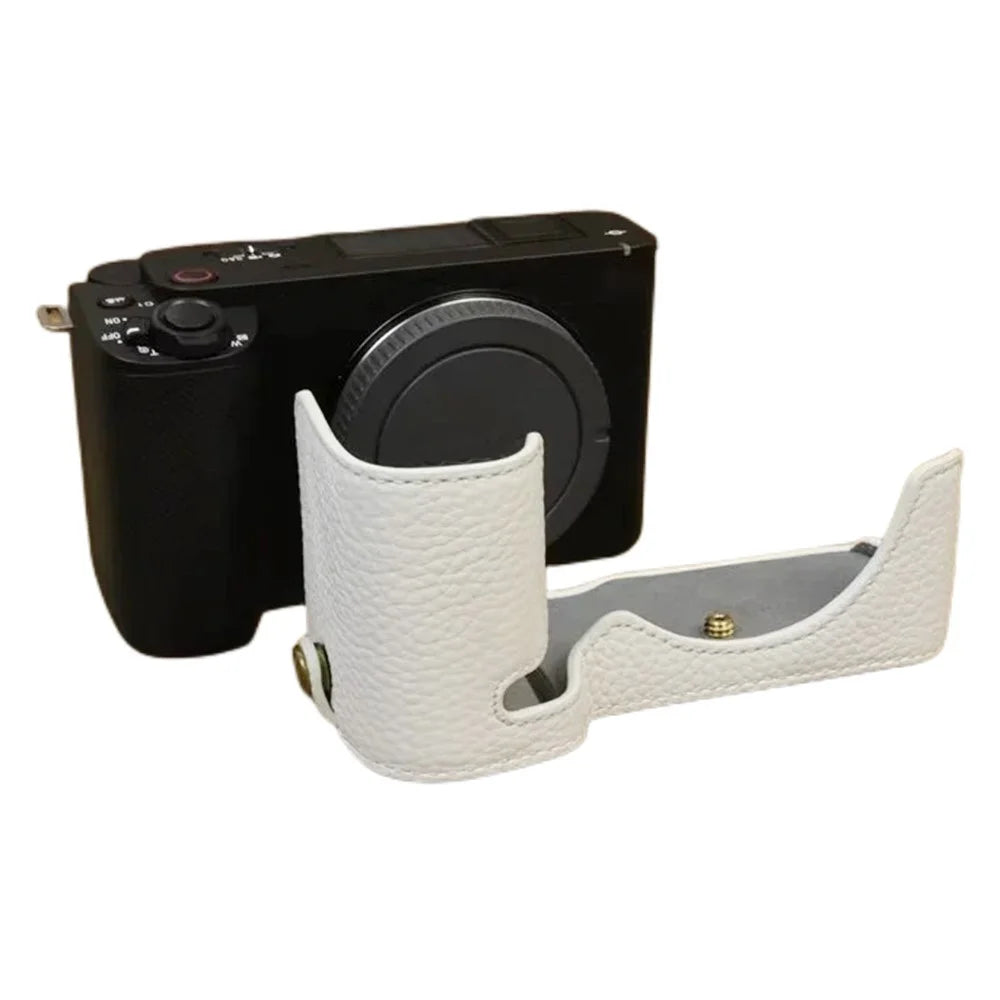 For Sony ZV-E1 Half Body Cover Genuine Cow Leather Camera Bottom Case with Battery Opening - White - 1