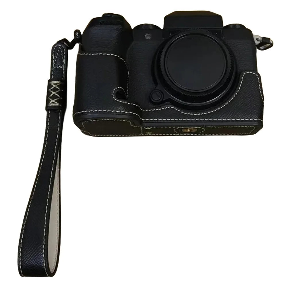 For Fujifilm X-S20 Camera PU Leather Bottom Case Battery Opening Design Half Body Cover with Hand Strap - Black - 1