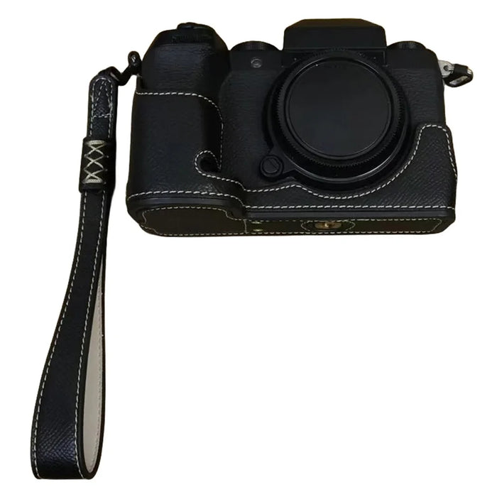 For Fujifilm X-S20 Camera PU Leather Bottom Case Battery Opening Design Half Body Cover with Hand Strap - Black - 1