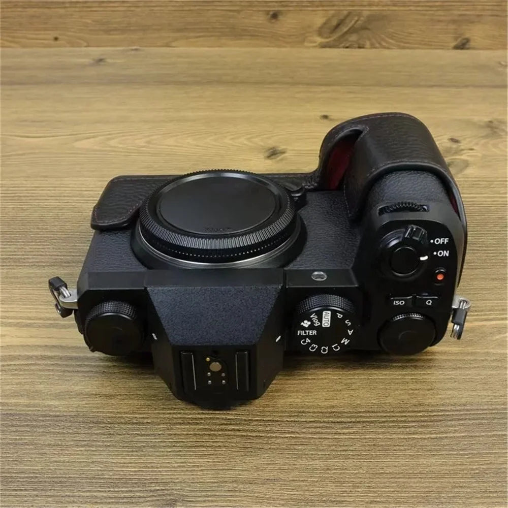 For Fujifilm X-S20 Genuine Cow Leather Camera Bottom Case Half Body Cover with Battery Opening - Black - 6