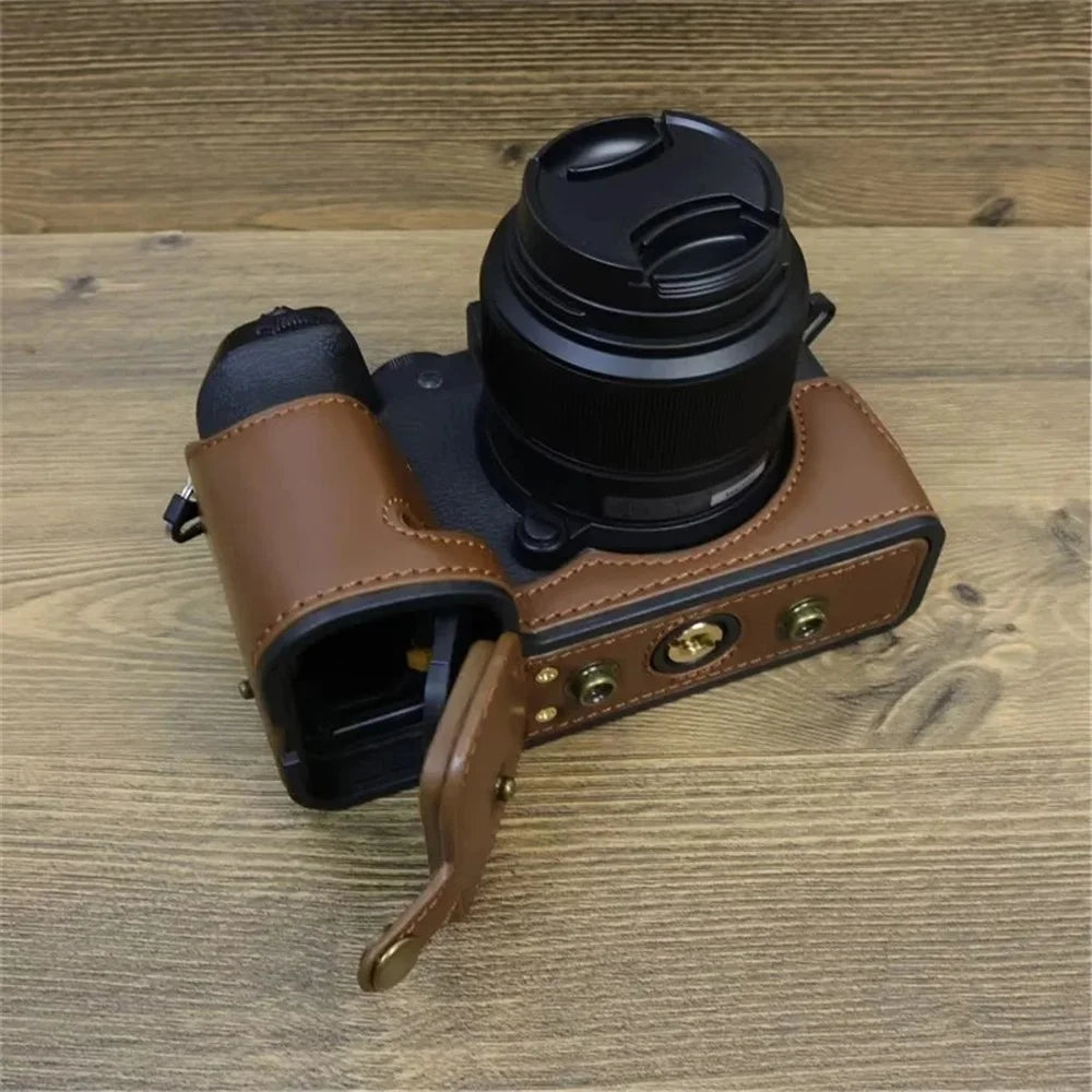 For Fujifilm X-S20 PU Leather Camera Bag Battery Opening Anti-drop Case with Shoulder Strap - Coffee - 7