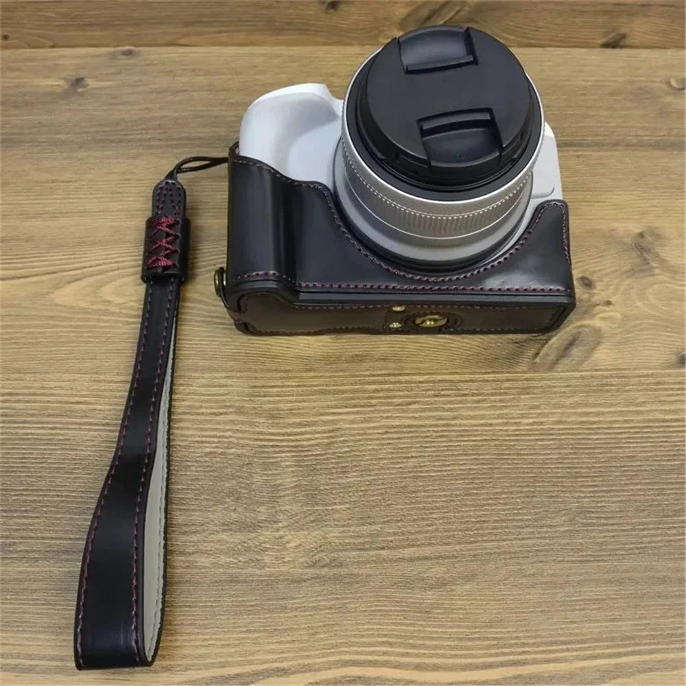 For Canon EOS R50 / R100 PU Leather Bottom Case Half Body Camera Cover with Wrist Strap - Black - 3