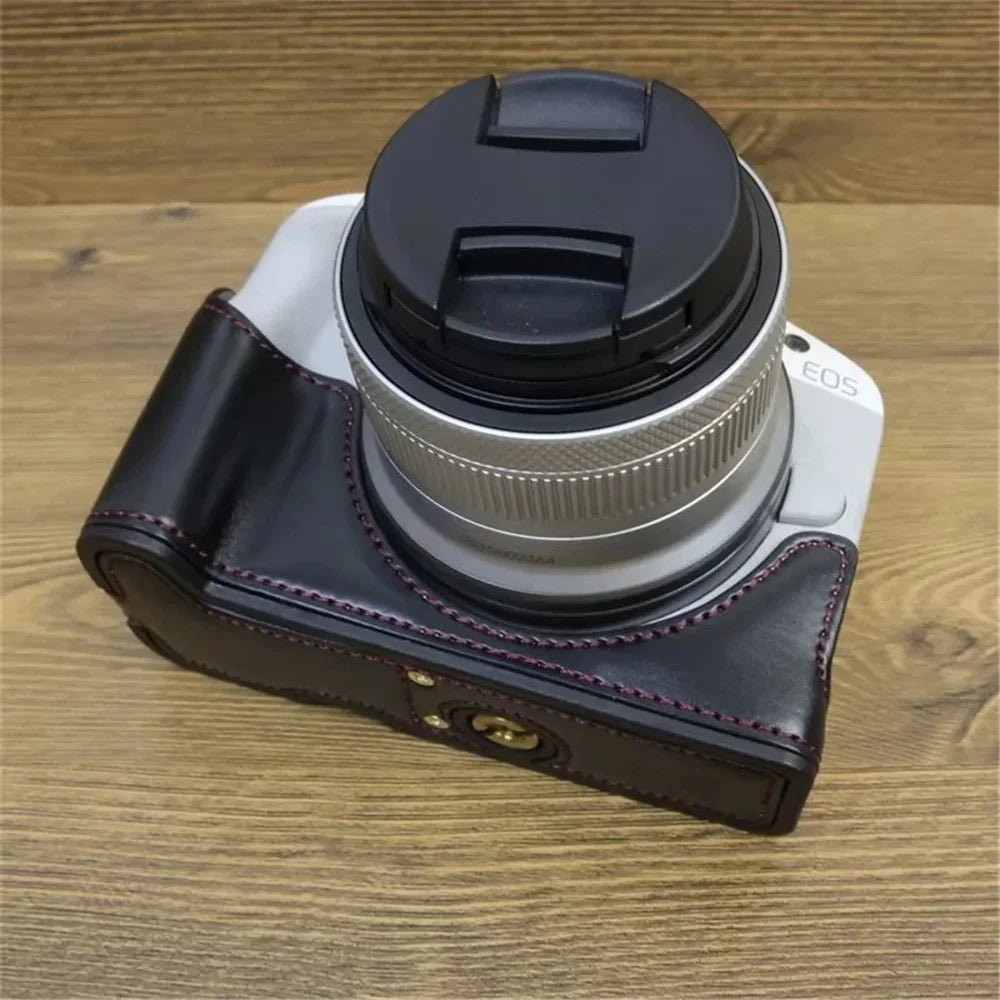 For Canon EOS R50 / R100 PU Leather Bottom Case Half Body Camera Cover with Wrist Strap - Black - 5