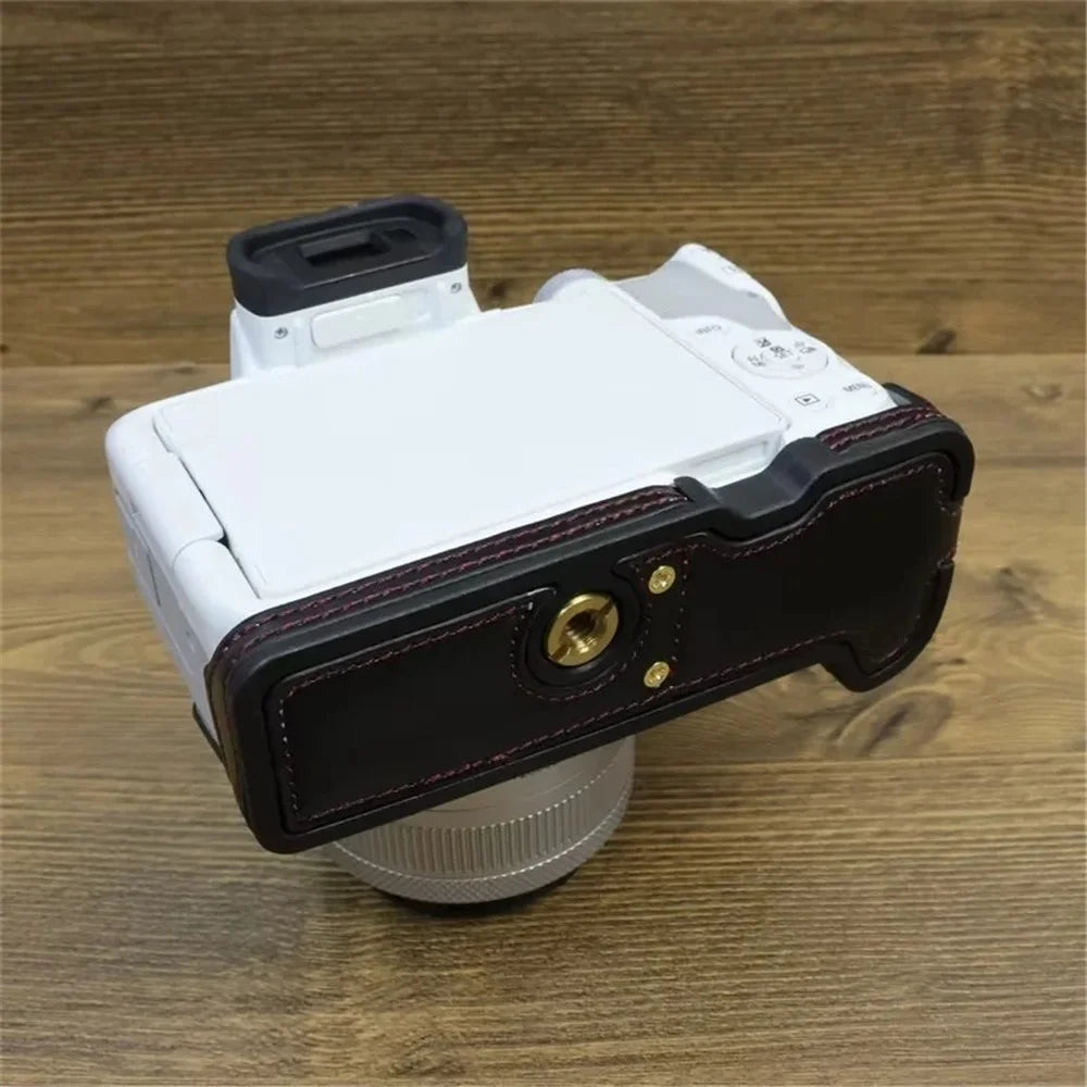 For Canon EOS R50 / R100 PU Leather Bottom Case Half Body Camera Cover with Wrist Strap - Black - 6