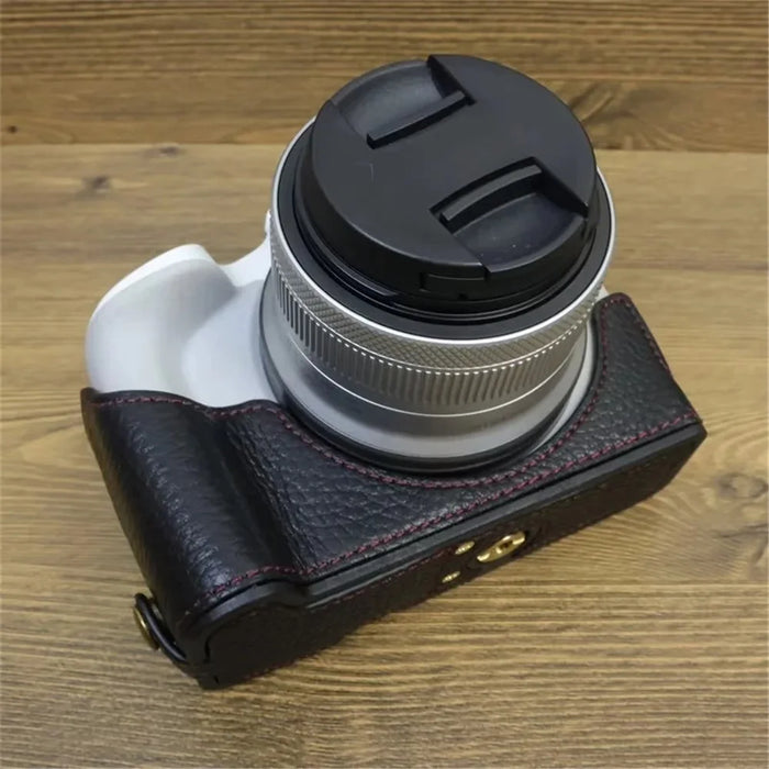 For Canon EOS R50 / R100 Genuine Cow Leather Camera Bottom Case Anti-drop Cover with Wrist Strap - Black - 3