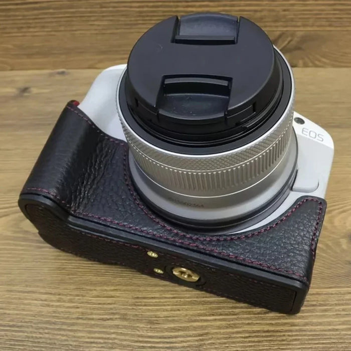 For Canon EOS R50 / R100 Genuine Cow Leather Camera Bottom Case Anti-drop Cover with Wrist Strap - Black - 4