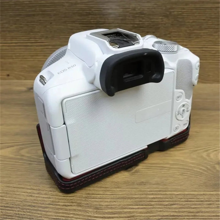 For Canon EOS R50 / R100 Genuine Cow Leather Camera Bottom Case Anti-drop Cover with Wrist Strap - Black - 6