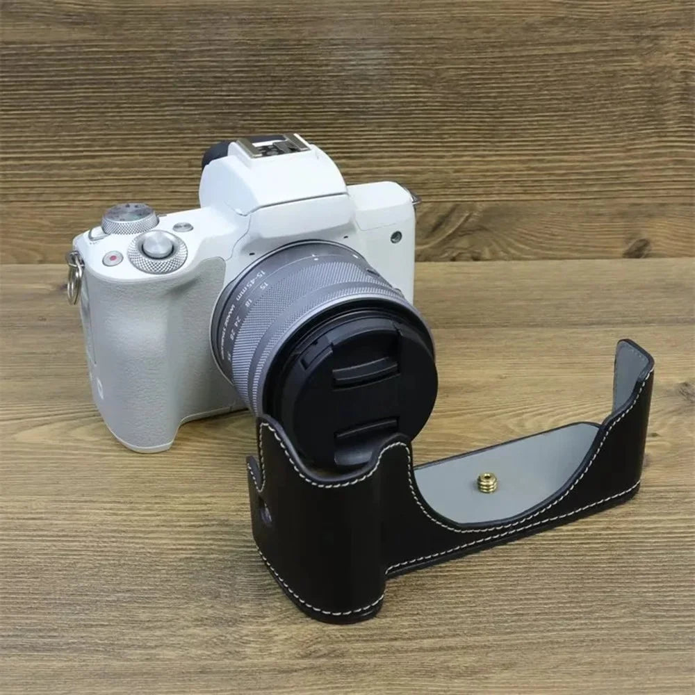 For Canon EOS M50 Mark II PU Leather Bottom Case Half Body Camera Protection Cover - Black - 6