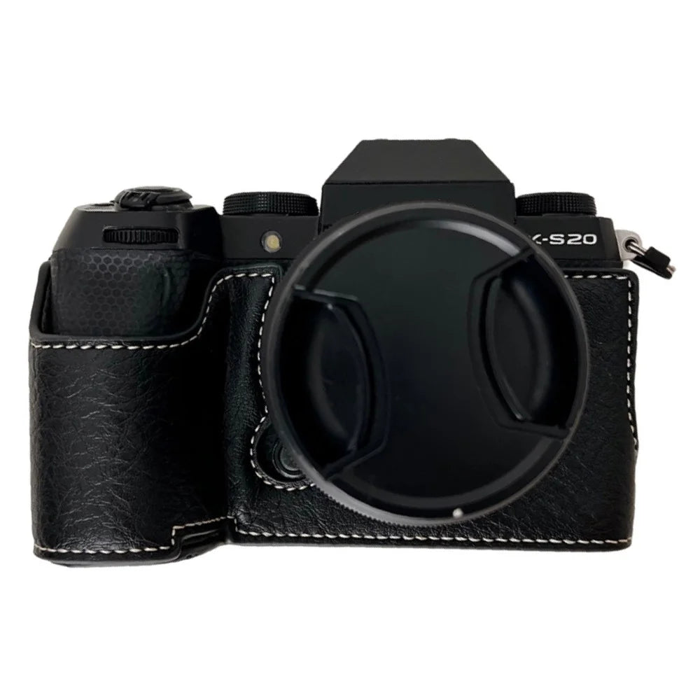 For Fujifilm X-S20 Camera Case Buffalo Texture PU Leather Half Body Camera Cover with Battery Opening - Black - 1
