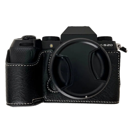 For Fujifilm X-S20 Camera Case Buffalo Texture PU Leather Half Body Camera Cover with Battery Opening - Black - 1