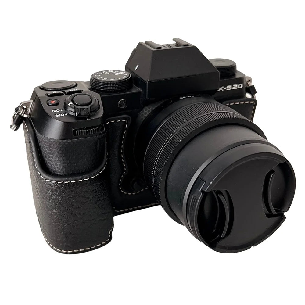 For Fujifilm X-S20 Camera Case Buffalo Texture PU Leather Half Body Camera Cover with Battery Opening - Black - 2