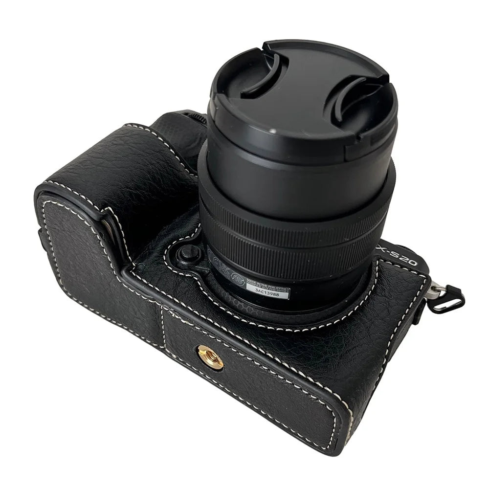 For Fujifilm X-S20 Camera Case Buffalo Texture PU Leather Half Body Camera Cover with Battery Opening - Black - 4