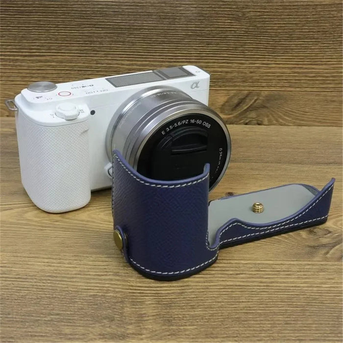 For Sony ZV-E10 PU Leather Bottom Case Battery Opening Design Camera Half Body Cover with Hand Strap - Sapphire - 5