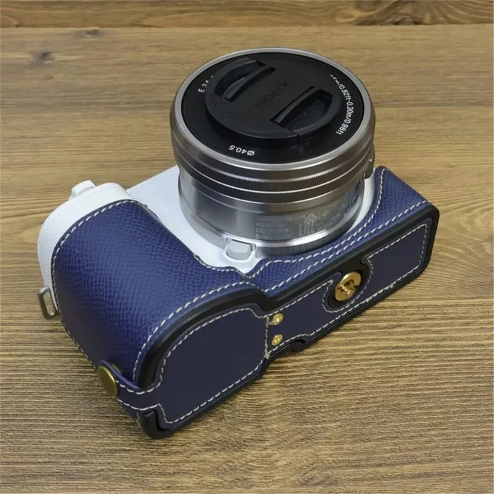 For Sony ZV-E10 PU Leather Bottom Case Battery Opening Design Camera Half Body Cover with Hand Strap - Sapphire - 6