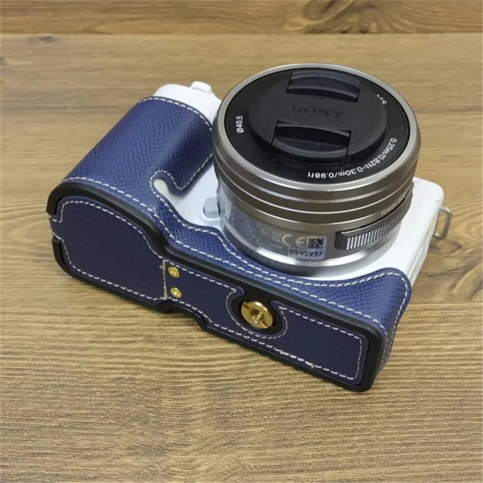 For Sony ZV-E10 PU Leather Bottom Case Battery Opening Design Camera Half Body Cover with Hand Strap - Sapphire - 7