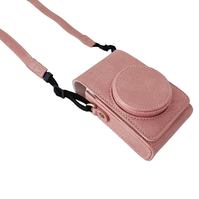 PU Leather Camera Bag for Sony Ricoh Panasonic Vintage Style Camera Case with Shoulder Strap - Pink - 5