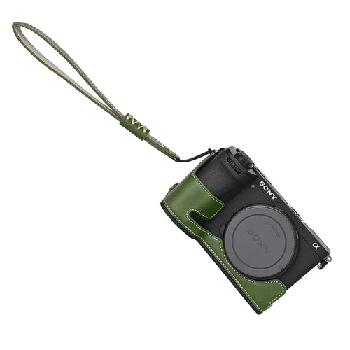 For Sony A6700 PU Leather Bottom Case Half Body Camera Protection Cover - Green - 1