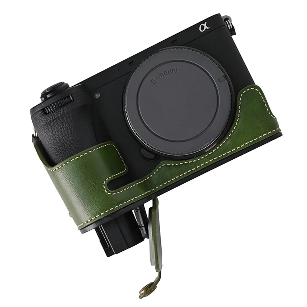 For Sony A6700 PU Leather Bottom Case Half Body Camera Protection Cover - Green - 5