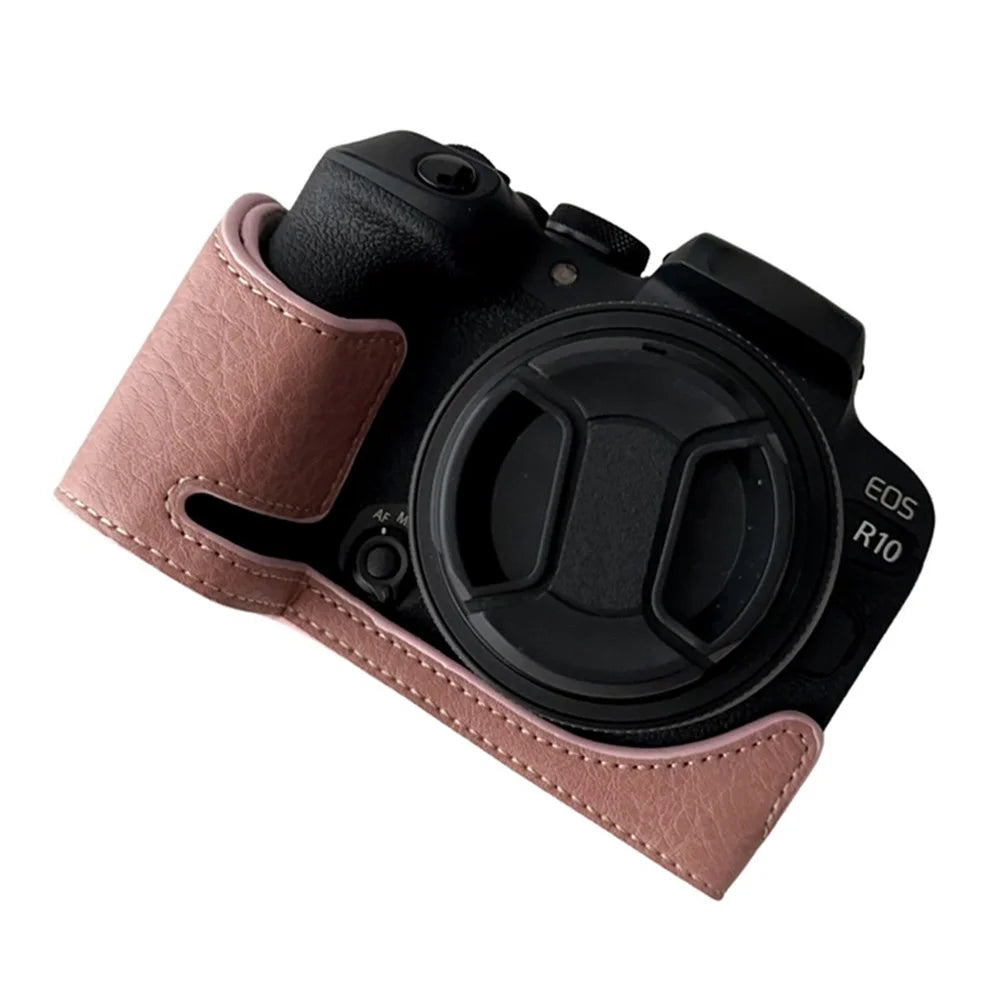 For Canon EOS R10 Buffalo Texture PU Leather Bottom Case Half Body Camera Anti-drop Cover - Pink - 1