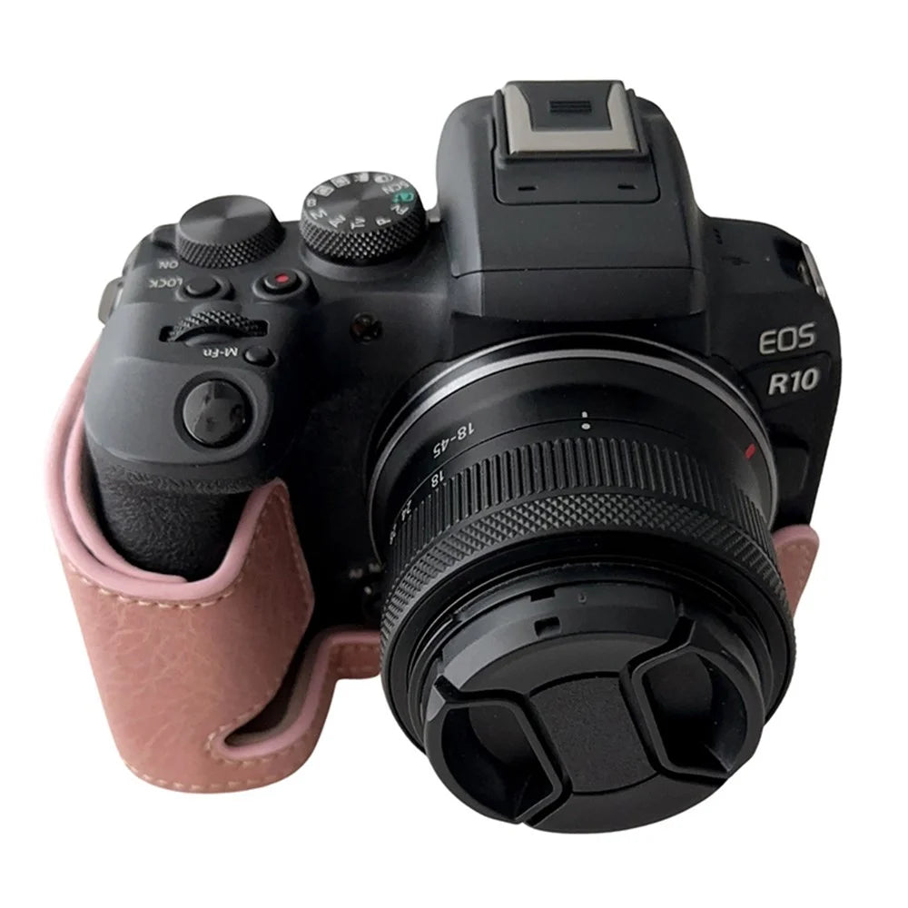 For Canon EOS R10 Buffalo Texture PU Leather Bottom Case Half Body Camera Anti-drop Cover - Pink - 2