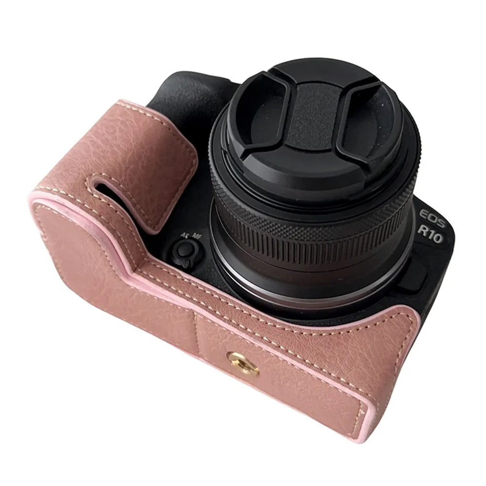 For Canon EOS R10 Buffalo Texture PU Leather Bottom Case Half Body Camera Anti-drop Cover - Pink - 3