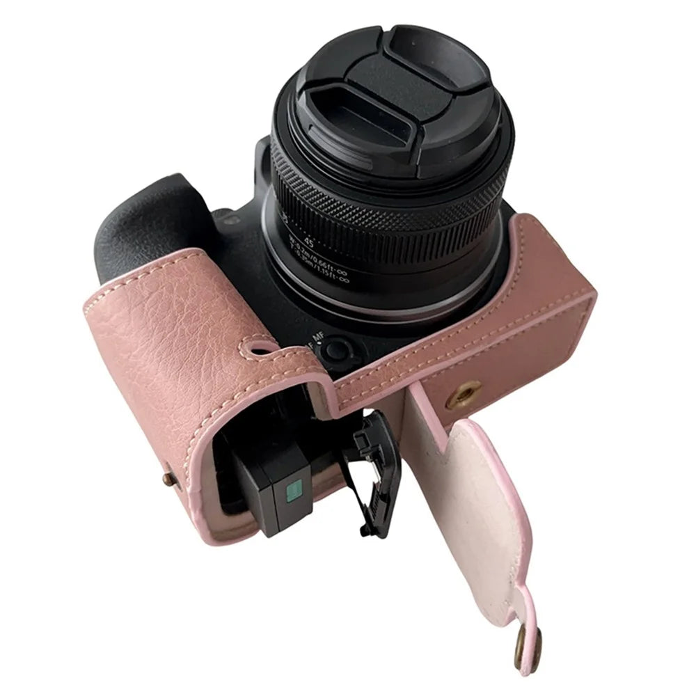 For Canon EOS R10 Buffalo Texture PU Leather Bottom Case Half Body Camera Anti-drop Cover - Pink - 4