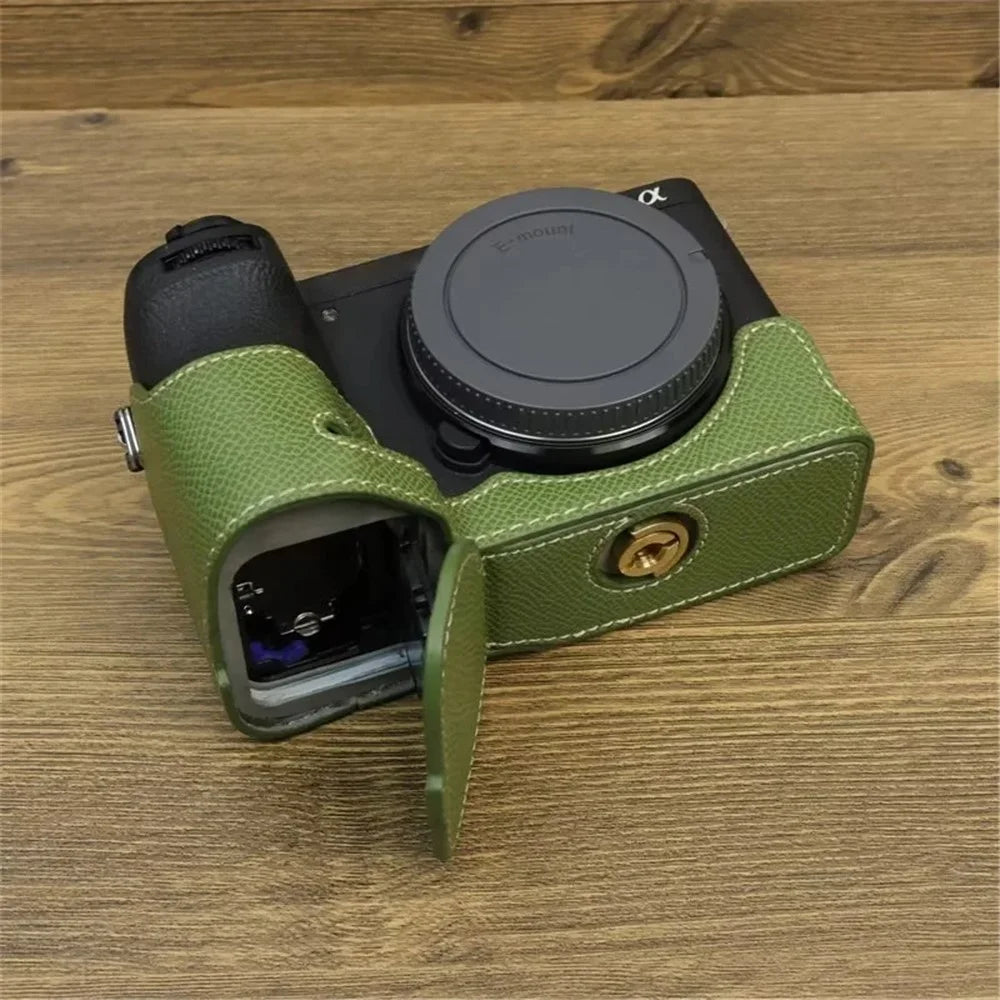 For Sony A6700 Dustproof PU Leather Camera Bottom Cover Half Body Case with Wrist Strap - Green - 2