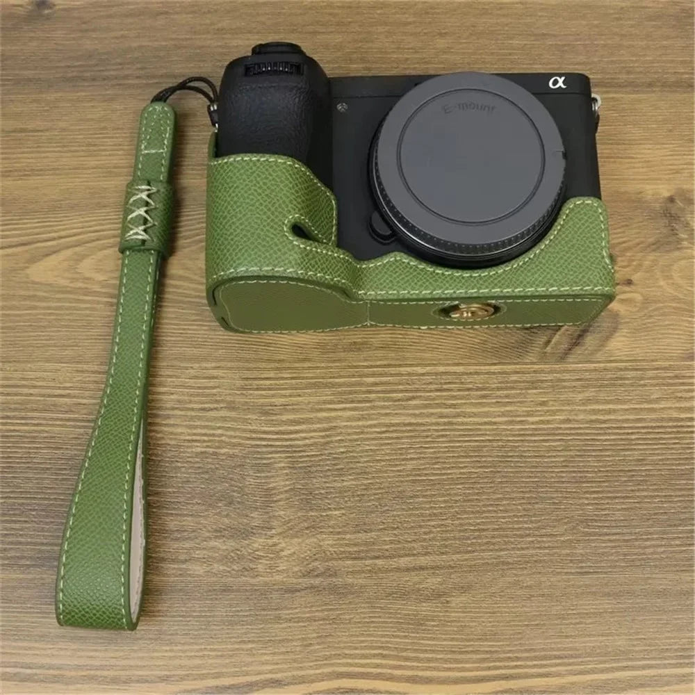 For Sony A6700 Dustproof PU Leather Camera Bottom Cover Half Body Case with Wrist Strap - Green - 3