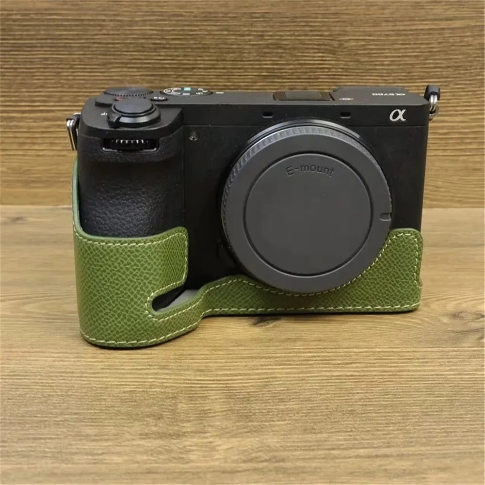 For Sony A6700 Dustproof PU Leather Camera Bottom Cover Half Body Case with Wrist Strap - Green - 4
