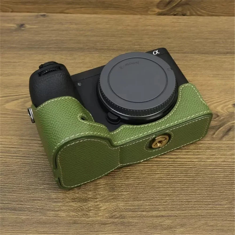 For Sony A6700 Dustproof PU Leather Camera Bottom Cover Half Body Case with Wrist Strap - Green - 5